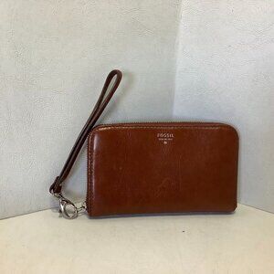 Fossil Leather Clutch Wallet Wristlet Brown 6.5" x 3.5"